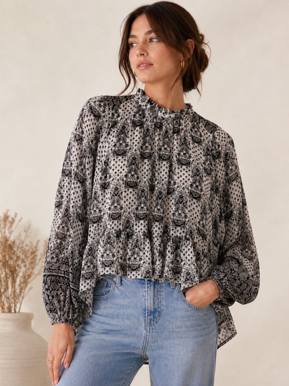 Ne Quittez Pas Silk Paisley Blouse Tiered Ruffle Boho Peasant Top Black White S